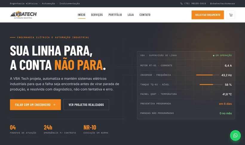 Site da VBA Tech, automação industrial